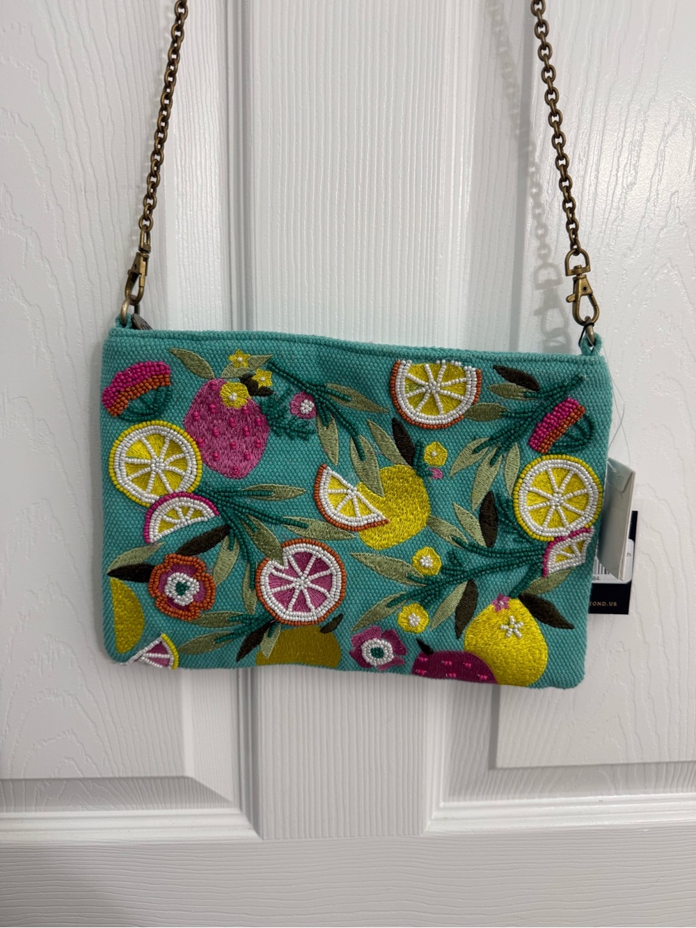 Teal Embroidered/beaded Citrus Crossbody Bag